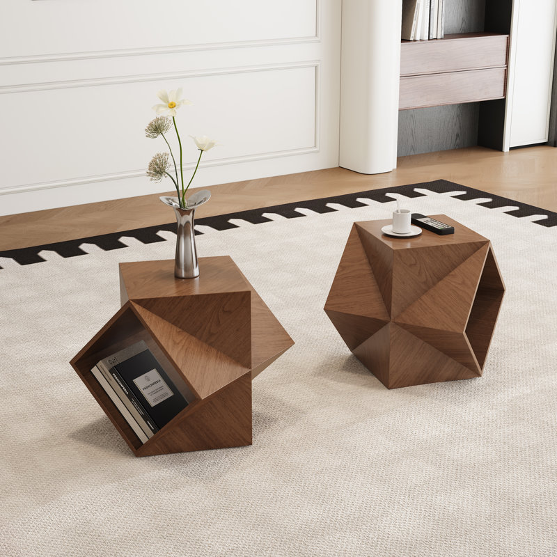 Nesting Coffee Table Set Of 2, Three-dimensional Geometric Cutting Design, End Table Side Tables For Living Room Bedroom Balcony, No Assembly Needed