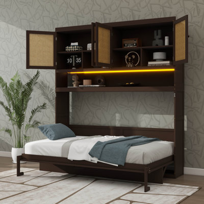 Lit escamotable compact avec rangement supérieur, structure pliable avec éclairage et connectivité USB