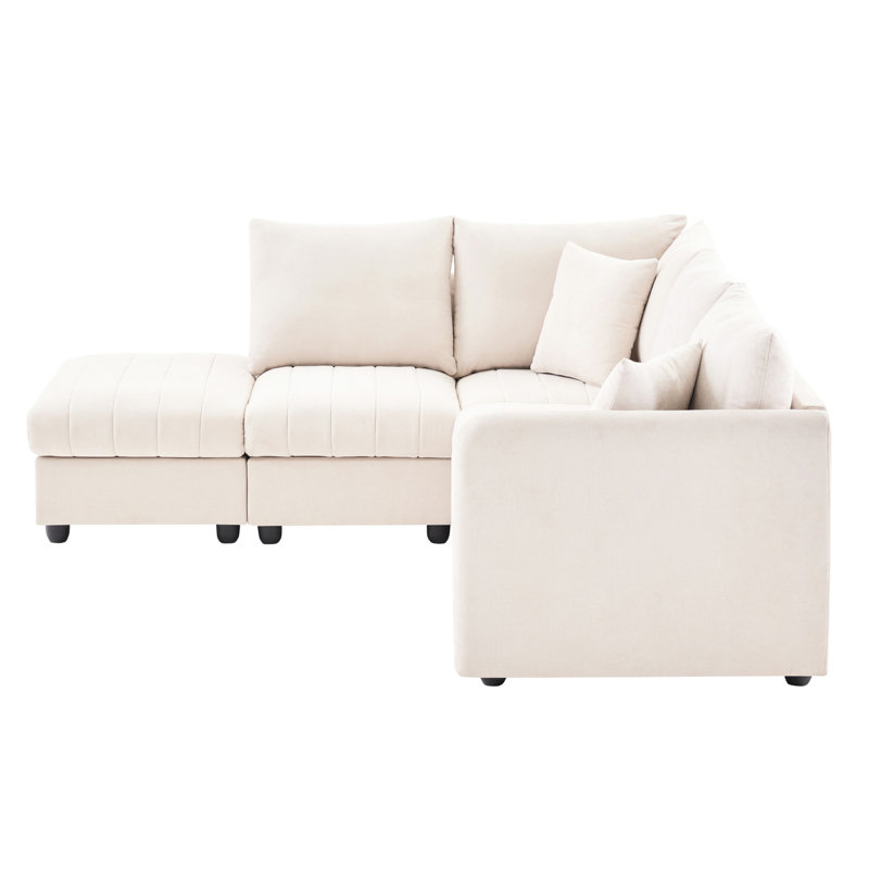 Confortable en forme de L avec rayures mobiles et élégantes, 89 x 79 po, canapé 5 places pour le salon, repose-pieds modulaire rembourré de 89 x 79 po, rayure verticale confortable, tissu