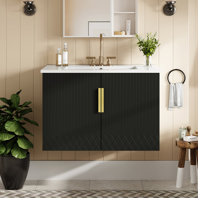 Meuble-lavabo de salle de bain vintage 30 po avec lavabo en céramique, lavabo simple en céramique à 3 trous, meuble-lavabo avec 2 portes à fermeture douce