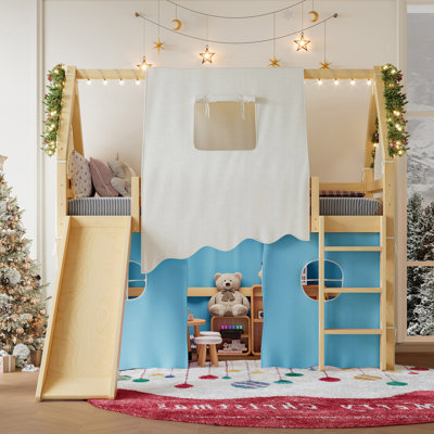 Kids Twin Solid Wood House Loft Bed with Lights and Tents