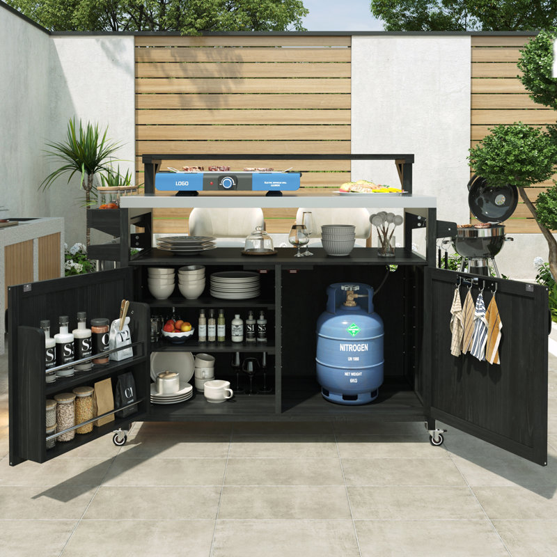 53.3" Outdoor Kitchen Island With Raised Shelf, Rolling Grill Cart, Solid Wood Cabinet, Stainless Steel Top, Storage & Spice Rack, Black