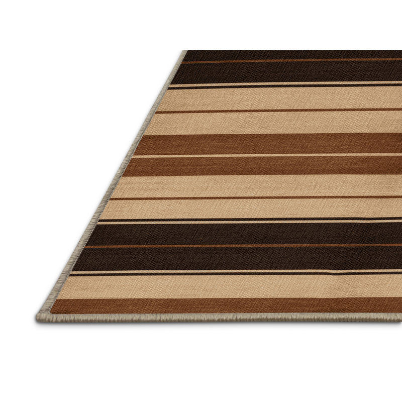 Washable Sand Dark Brown Striped Area Rug, Round 5'