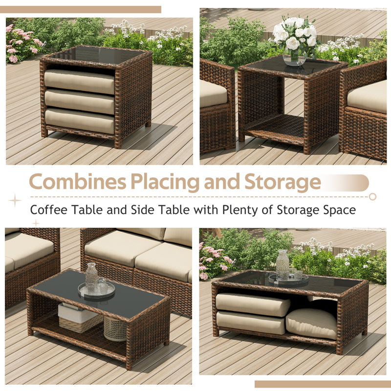 Aun 7 - Person Patio Conversation Set with Cushions, Beige, Brown