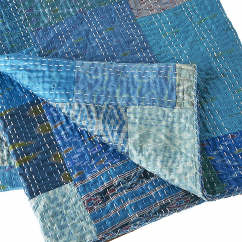 Knitted Silk Patchwork Throw Blanket, Blue Patchwork