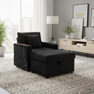 Méridienne de lecture avec ports de chargement USB, porte-gobelets, repose-pieds de rangement et tableau