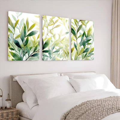 Ensemble de 3 tableaux sur toile à motif botanique de feuilles vertes pour la décoration du salon