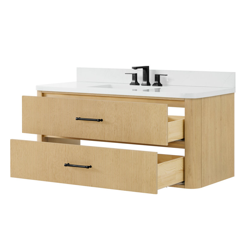 Meuble-lavabo mural simple 48 po en chêne scandinave Francesca, comptoir en quartz Giotto arrondi, lavabo carré encastré (3 trous), garniture noir mat