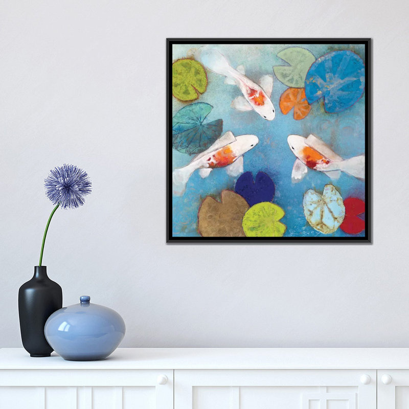 «Koi II», peinture sur toile, H 18 po x l 18 po x P 1,5 po, Toile encadrée noire, Pas de tapis