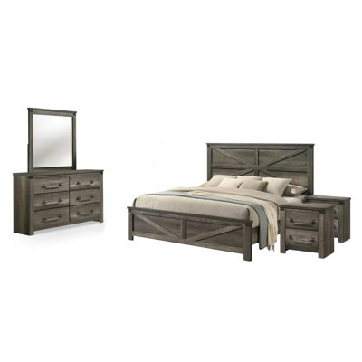 Ensemble de chambre à coucher de style campagnard pour grand lit 5 pièces Bry, gris rustique, 2 tables de chevet