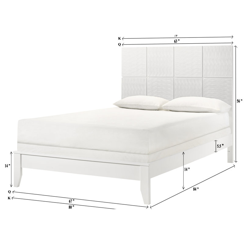 Contemporary Queen Size Bed, Geometric Panelling Headboard, White Finish, Textured Front Panels, Wood Bedroom Design, Bed Frame,