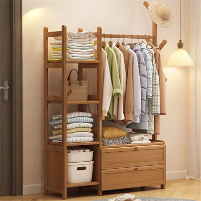 Portant à vêtements en bambou avec tablettes et crochets - Organisateur autoportant pour chambre à coucher
