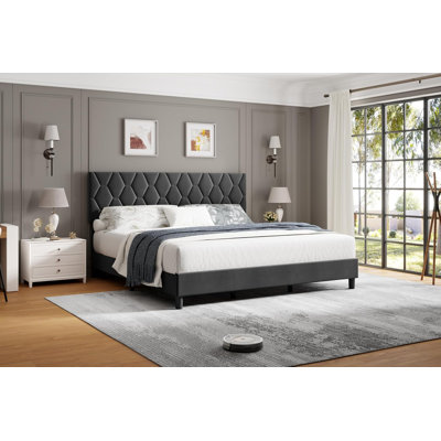 King Upholstered Bed Frame, Heavy-Duty Wood Slats, Noise Free, Grey
