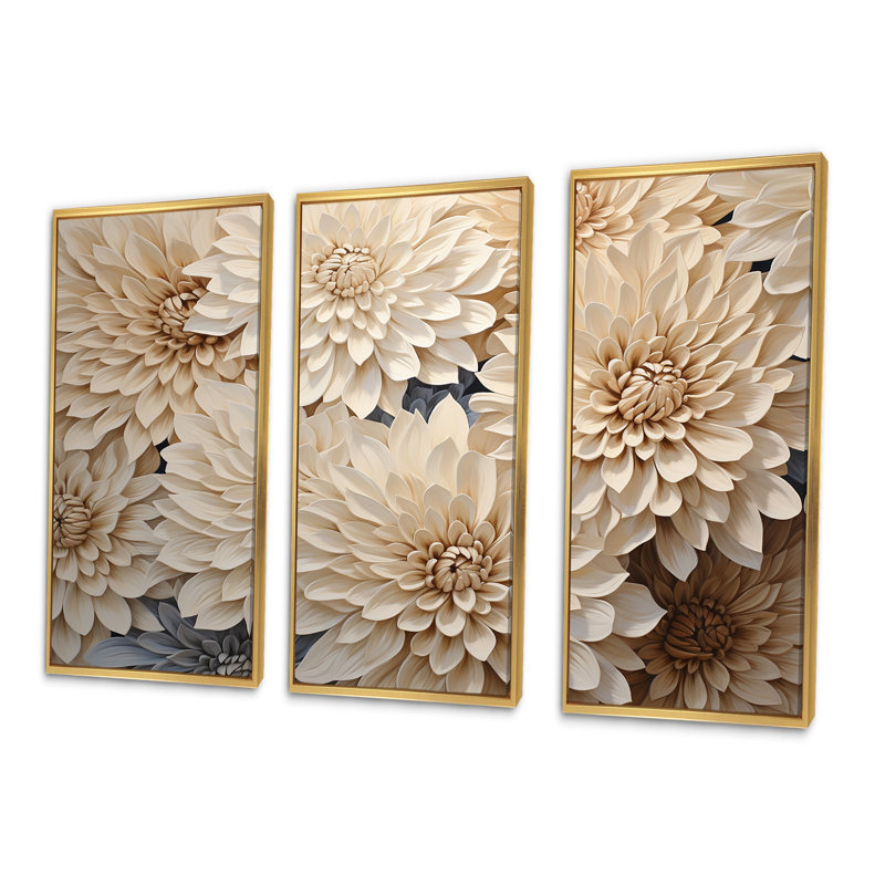 Minimalisme Blooming Mums en beige et or I - Mums Wall Art, ensemble de salon, Cadre flottant doré