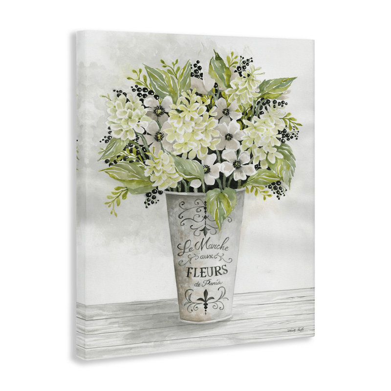 French Floral Greenery Bouquet Canvas Print with White Frame