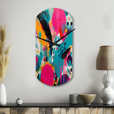 Rose et turquoise abstrait Enigma I - horloge murale cylindrique abstraite, horloge asymétrique rose