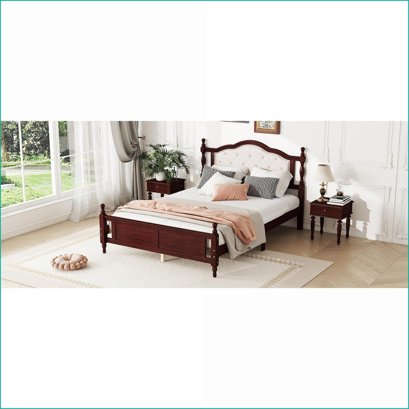 Structure de lit plateforme en pin massif grand format - tête de lit tapissier, aucun sommier nécessaire, cerisier classique pour la chambre principale