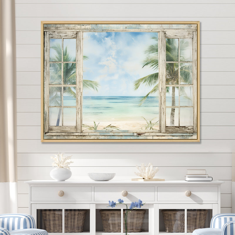Décoration tropicale fenêtre tropicale horizon II - fenêtres côtières, H 30 po x l 40 po x P 1,5 po, Cadre flottant brun