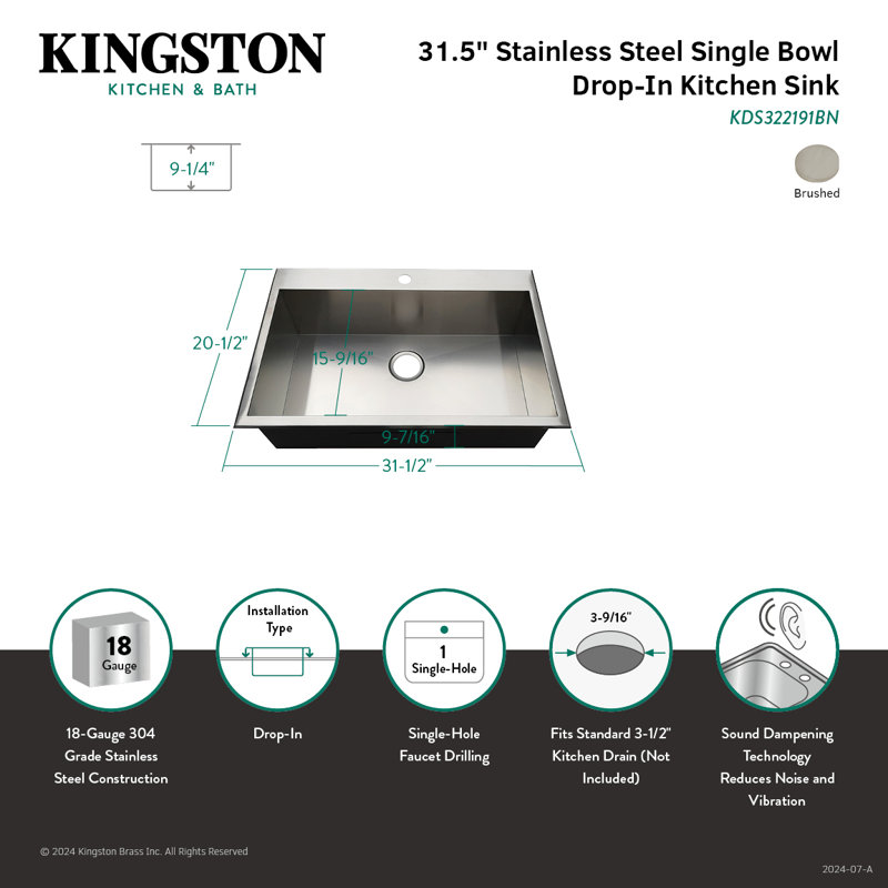 Kingston Brass Uptowne 31.5-Inch Stainless Steel Self-Rimming 1-Hole Single Bowl Drop-In Kitchen Sink