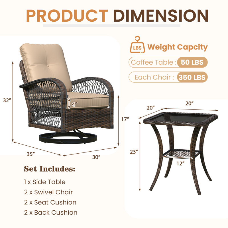 Outdoor Swivel Rocker Bistro Set - 3 Piece Wicker Patio Set With 2 Swivel Rocking Chairs, Cushions, And Tempered Glass Side Table, Perfect For Porch, Garden, Backyard, Poolside