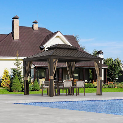  Outdoor Patio Gazebo, Hardtop Gazebo with Galvanized Steel Roof & Aluminum Frame,Heavy Duty Permanent Pavilion with Netting & Curtains for Patio, Lawn, Deck