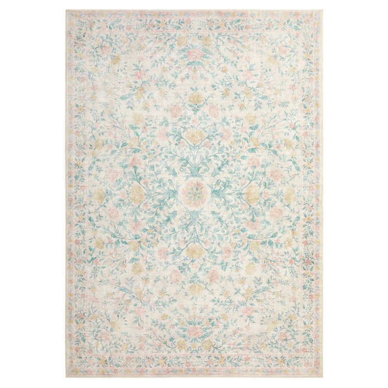 Machine Washable Floral Area Rug with Non Slip Backing, Oriental Inspired Vintage Area Rug for Living Room, Bedroom, Dinning Room, Home Office