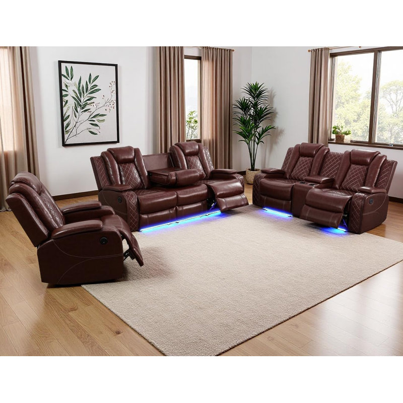 3-Piece Breathing Leather Power Recliner Sofa Set With LED Light,Wireless Charging Station, And Storage Armrest, Brown