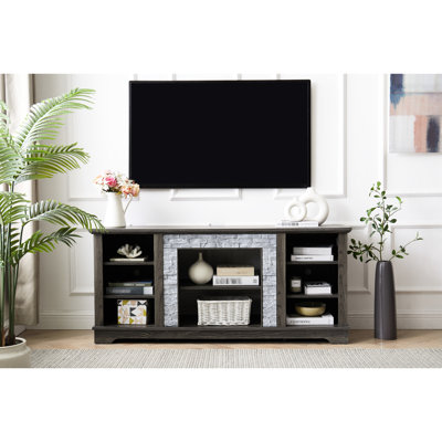 Meuble audio-vidéo en pierre, meuble télé gris avec rangement ouvert, l 58,67 po x P 15,8 po, H 26,23 po, convient aux téléviseurs de 65 po, console moderne à espace généreux, meuble télé encastré, convient à de nombreuses options de rangement