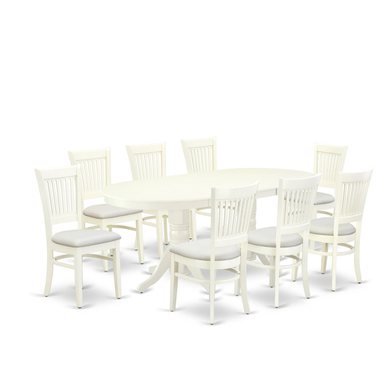 9 Piece Dining Set Includes an Oval Dining Room Table with Butterfly Leaf and 8 Linen Fabric Kitchen Chairs, Linen White