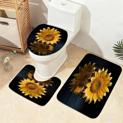 Black Yellow Sunflower Set Of 4 Bathroom Curtain Kit Including Bath Mats, Rugs And Toilet Cover