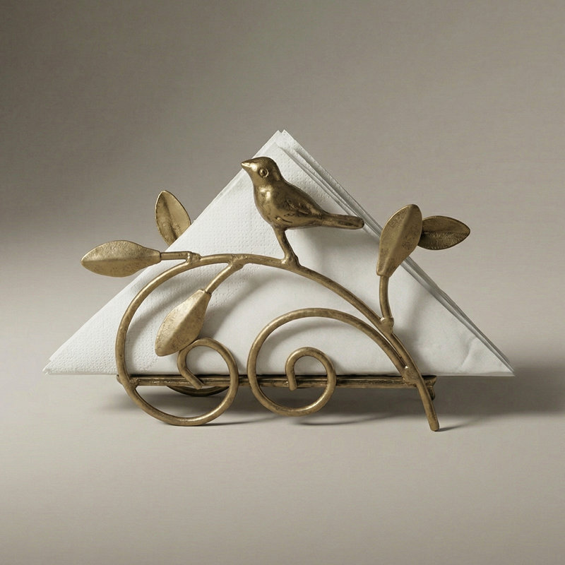 Porte-serviette Vintage Bird, oiseau chanteur en fer doré antique et support à feuilles avec base antidérapante lestée