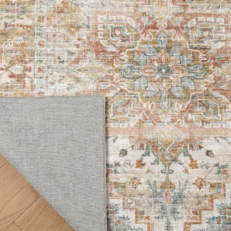 Washable Area Rugs Boho Floral Living Room Vintage Low Pile Indoor Carpet, Rectangle 6' x 9'