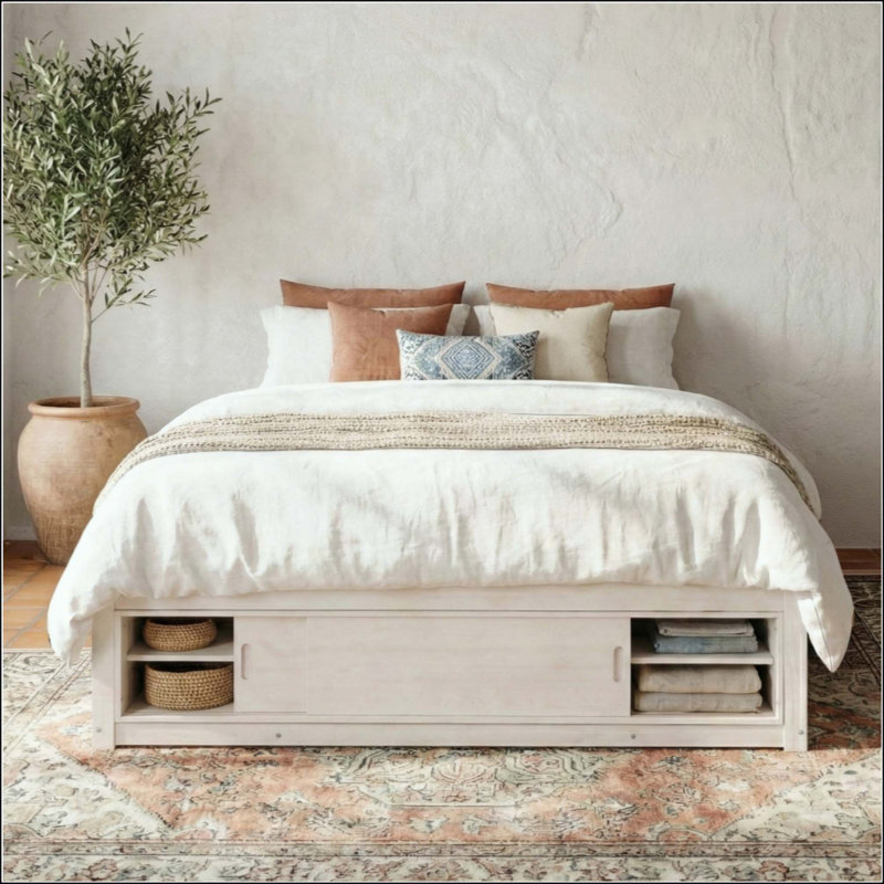 Platform Bed Frame With 4 Storage Drawers And Footboard Storage Cubby, No Headboard, Modern Space-Saving, White