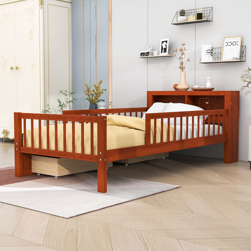 Twin Wooden Platform Bed with Headboard Storage, Safety Guardrails and Drawers, Walnut
