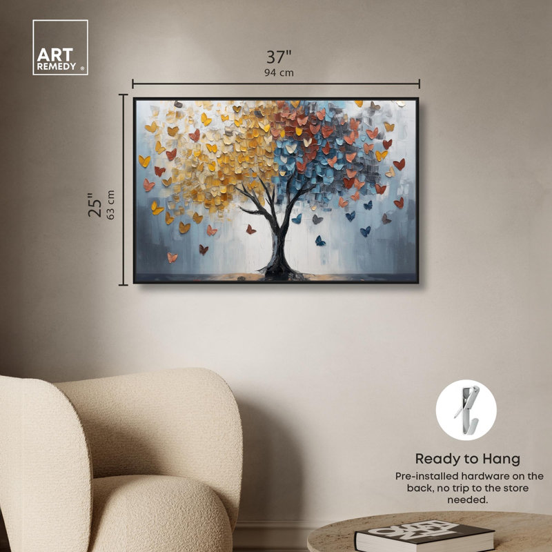 Butterfly Dream Tree I Canvas Colorful Tree Art by Art Remedy, Black Floater Framed, 25" H x 37" W x 1.8" D
