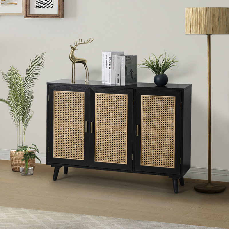 Hearn 109 cm Modern Wide Sideboard with 3 Rattan Doors, Black