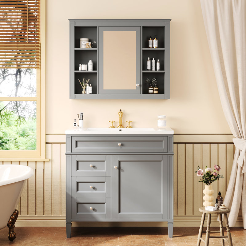Meuble-lavabo de 36 po avec miroir et rangement, lavabo simple rectangulaire, mécanisme à fermeture en douceur, 3 tiroirs, trois lavabos pré-percés, conception de déversement, finition à l'eau, matériaux intégrés gris moderne