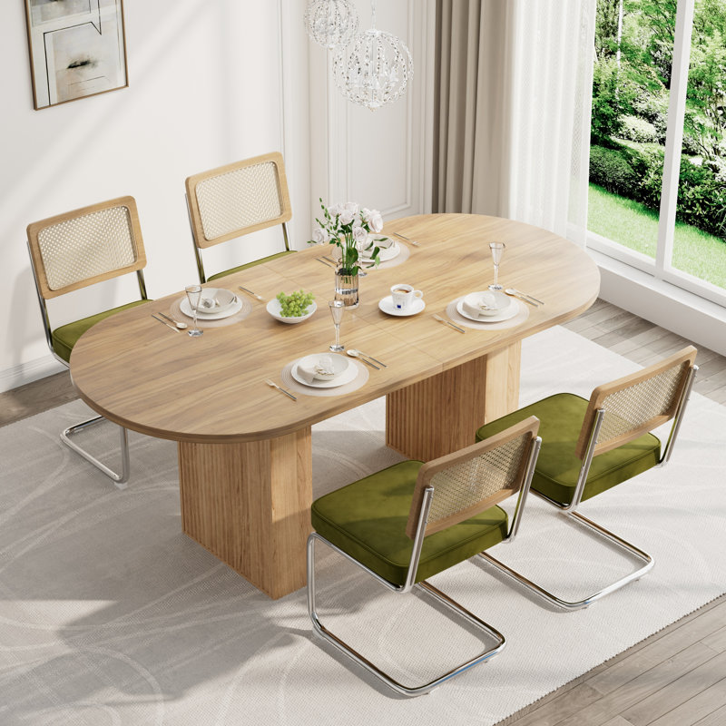 Modern Oval Pedestal Dining Table Sets, 5 Pieces: Table, 4 Chairs, Olive Green, Brown