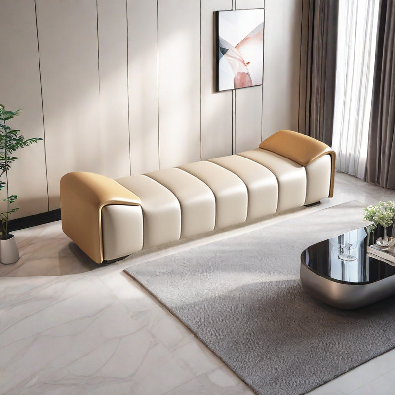 Reshunda Leather Match Upholstered Bench, 20.47" H x 59.05" W x 19.68" D, Orange/Cream