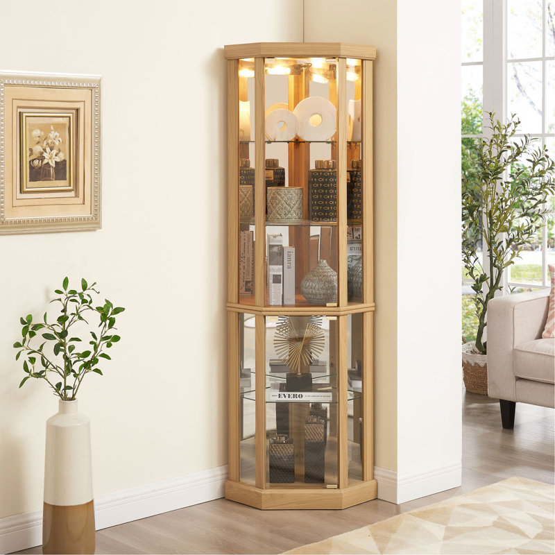 Lighted Corner Curio Cabinet - Elegant Glass Display Case For Living Room & Bar Storage -  For Antique Collections & Wine - Includes Built-In Lighting