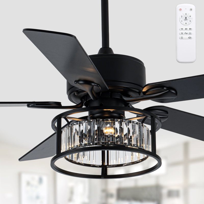 52 Inch Black Ceiling Fan with Light, Industrial Crystal Ceiling Fan with 5 Blades, 6-Speed Reversible DC Motor Modern Ceiling Fan