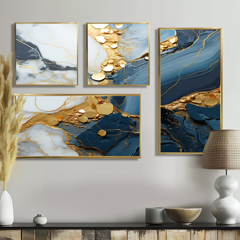 Or et art géode bleu V - art mural moderne orange 4 pièces, Impression encadrée sans passe-partout, Doré