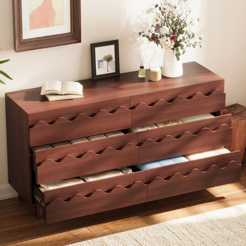 Commode moderne à 6 tiroirs avec devant en vagues, meuble télé et commode anti-basculement pour chambre à coucher et salon