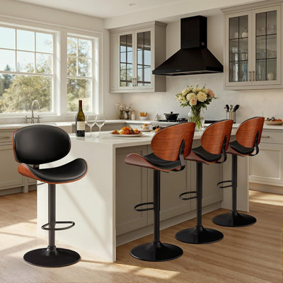 Set Of 2 Modern Adjustable Swivel Bentwood Bar Stools With PU Leather Back And Footrest, Black