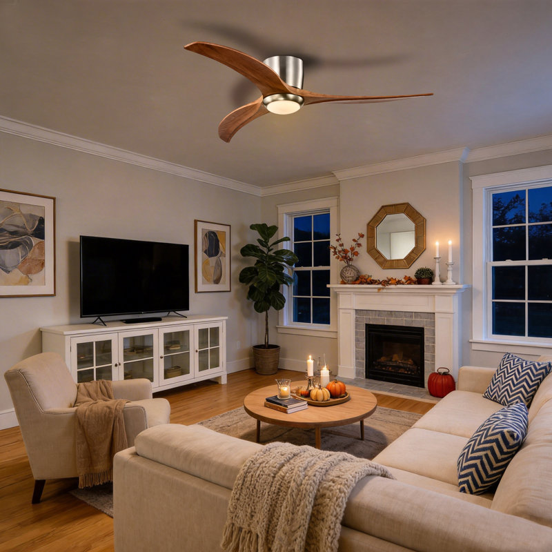 Parzy 52.04" Flush Mount Ceiling Fan Solid Wood Blades Ceiling Fan With Light With Remote Control, Satin Nickel, Brown