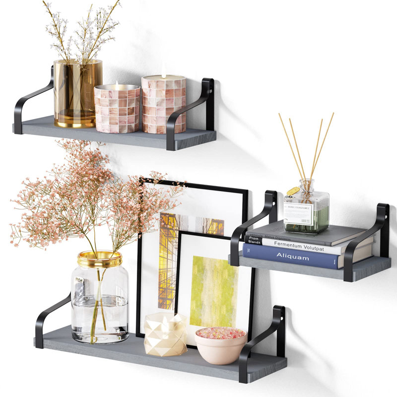 Mekela Solid Wood Floating Shelf, Gray/Black