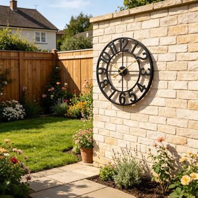 Outdoor Clock for Patio Waterproof, 14 Inch Large Outdoor Wall Clock Battery Operated, Silent Non-Ticking Metal Garden Clock for Pool, Porch, Backyard, Fence – Black Vintage Farmhouse Decor
