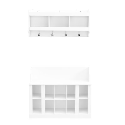 Entryway Coat Rack With Shoe Bench And 4 Hooks, Adjustable Wall Mounted, White For Hallway, Foyer Rack, Mounted Organizer