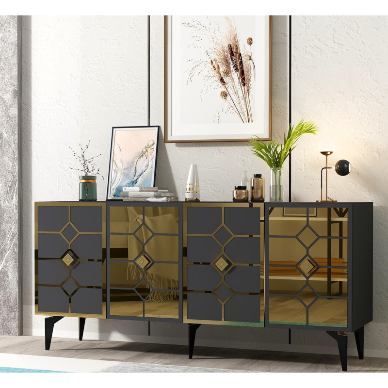 Console élégante, anthracite et or, panneau de particules recouvert de mélamine à 100%, épaisseur: 0,7 pouce | Idéal pour le salon, le vestibule et la décoration moderne, durable et élégant
