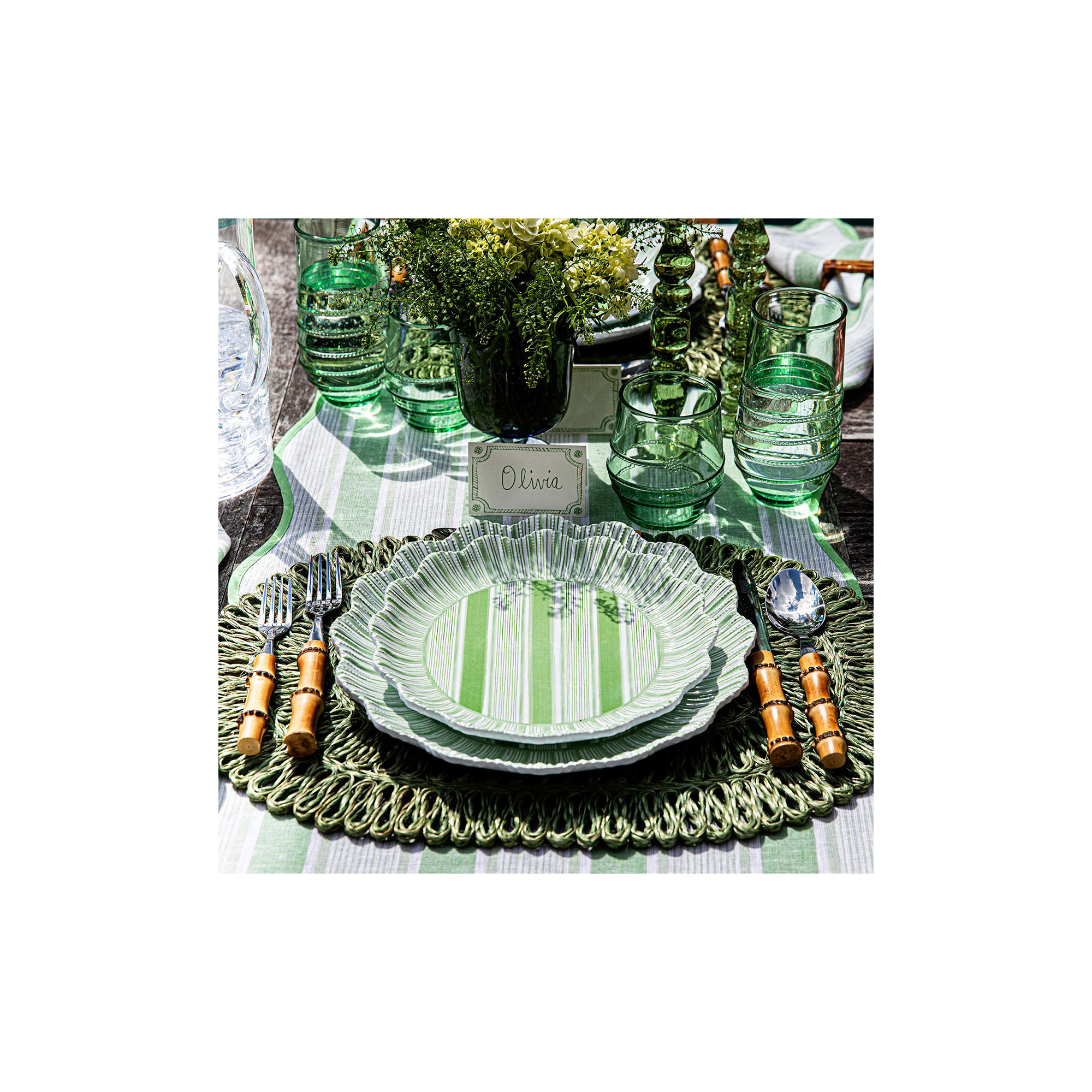Cabana Stripe Melamine Dinner Plates, Seagrass